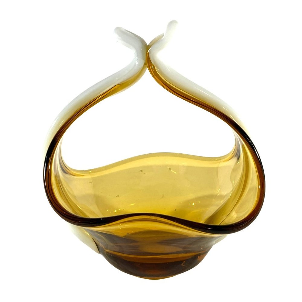 VTG Amber Glass Basket w/Applied White Detail on Handles Handblown Polished
